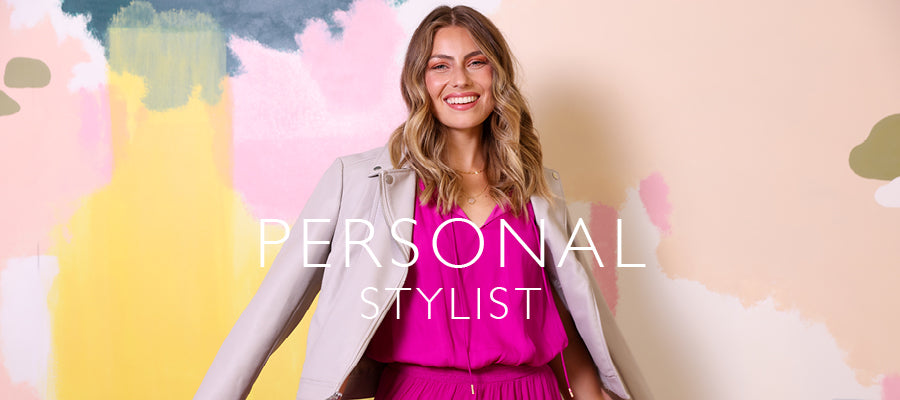 Woman in a stylish outfit with 'Personal Stylist' text against a colorful abstract background